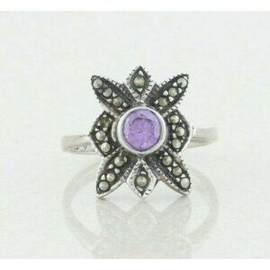 Sterling Silver Purple Cz and Marcasite Ring size 8